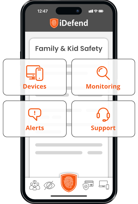 A phone with the iDefend app open, displaying a stylized pop-up of four primary features to protect kids: Devices, Monitoring, Alerts, & Support.