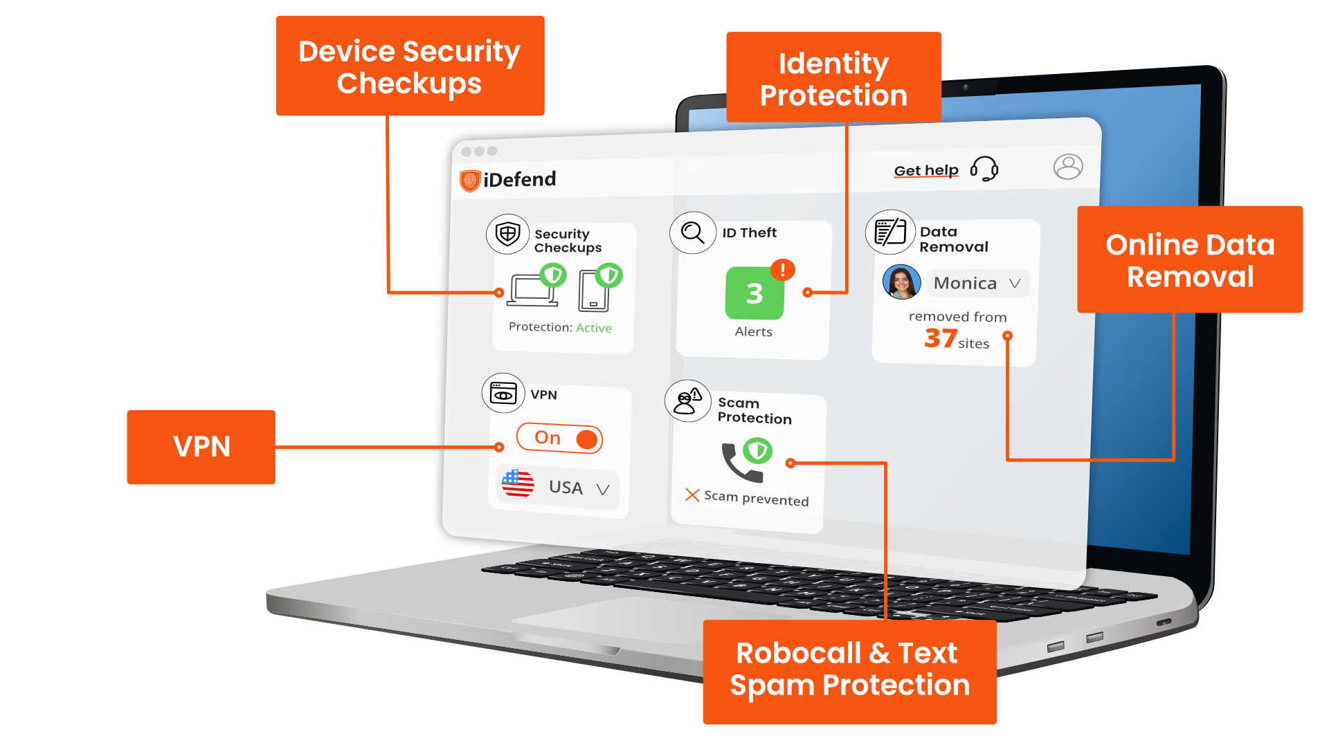 A laptop showing an app interface. Fivefeatures are represented: identity protection, online data removal, robocall & text spam protection, VPN, and device security checkups.