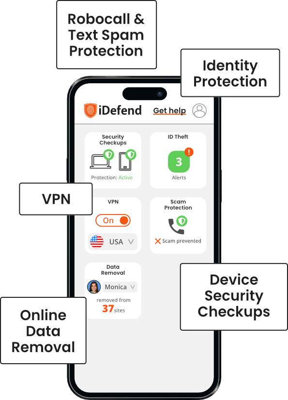 A smartphone showing an app interface. Fivefeatures are represented: identity protection, online data removal, robocall & text spam protection, VPN, and device security checkups.
