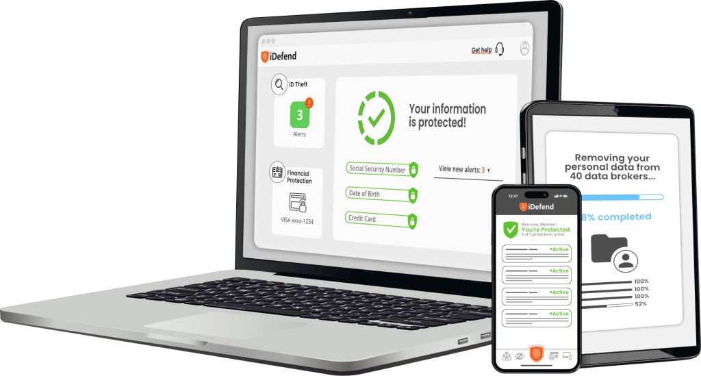 A laptop, smartphone, and tablet showing various aspects of the iDefend product: ID monitoring, data removal, and a user account dashboard.
