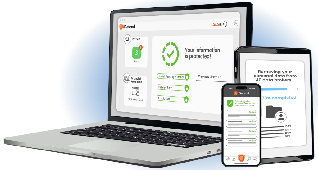 A laptop, smartphone, and tablet showing various aspects of the iDefend product: ID monitoring, data removal, and a user account dashboard.
