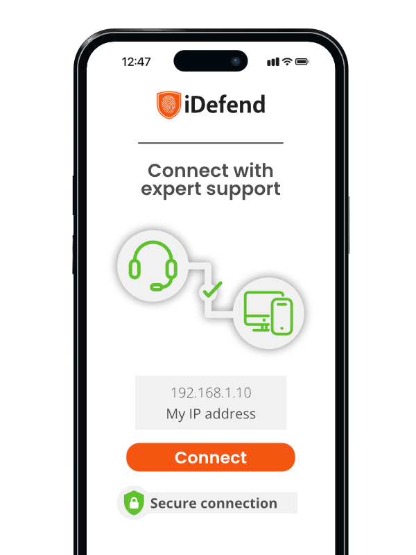 A phone screen showing a secure connection to expert support with a large "connect" button.