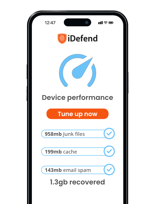 A phone screen showing a tune-up app that shows 1.3gb recovered, and a button "Tune up now".