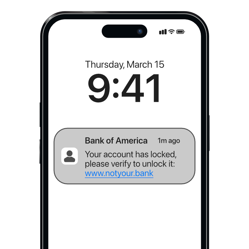 A phone screen showing a suspicious text message. that is pretending to be from your bank.