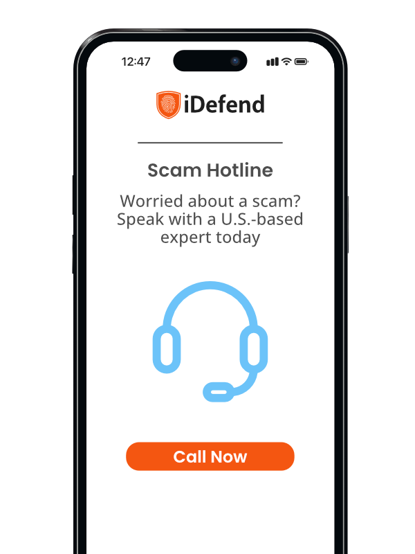 A phone screen that reads "Scam Hotline | Worried about a scam? Speak with a U.S.-based expert today"