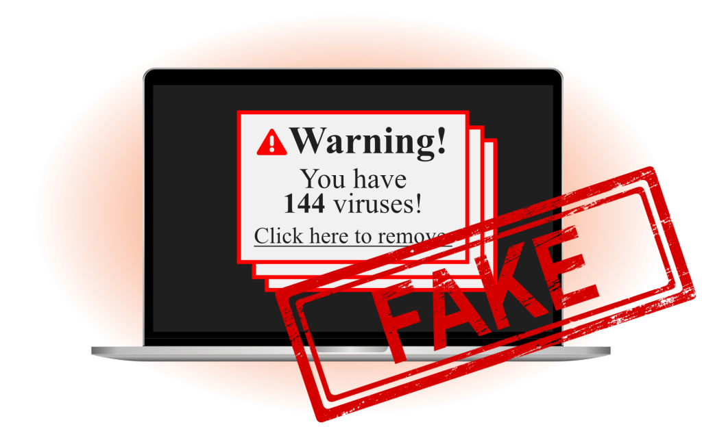 A laptop with a fake virus warning that appears legitimate displayed on it.