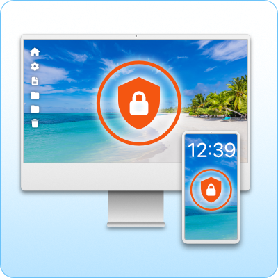 a desktop and phone screen each with active protection.