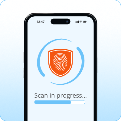 a phone screen showing a virus scan in progress.