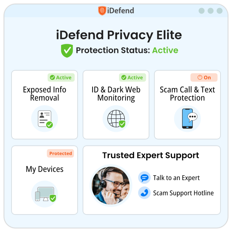 a browser window showing a security dashboard for the privacy elite plan and how iDefend is providing the security.