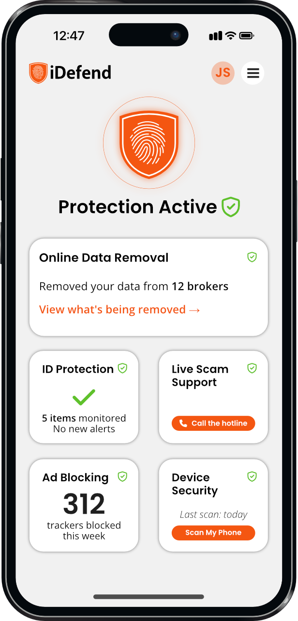 The iDefend app interface, showing monitored information, active protections, and security features.