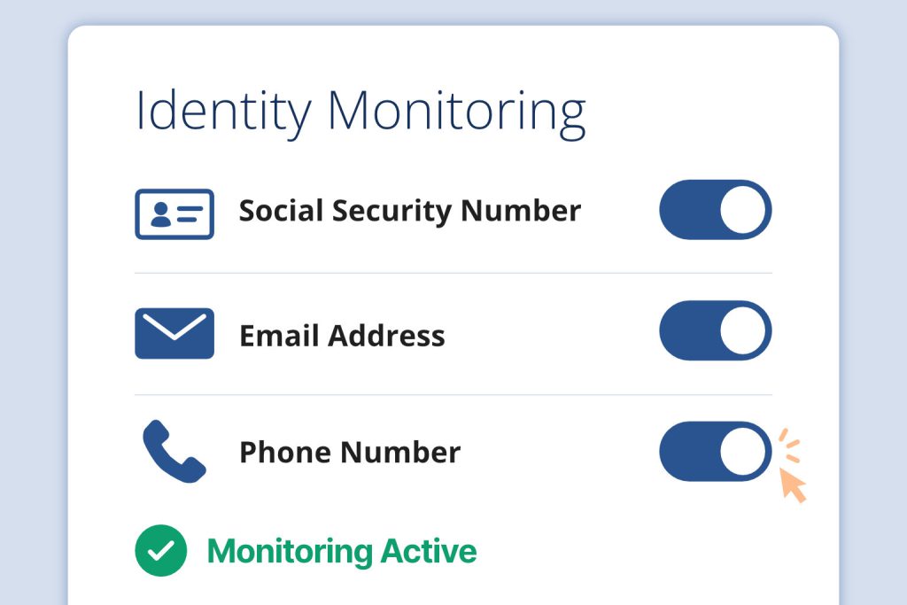app interface showing identity monitoring dashboard.