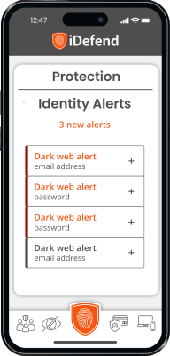dark web alerts A mobile phone screen displaying identity alerts. The alerts are all titled "Dark web alert" and the followed by the alert type: email, password, etc.